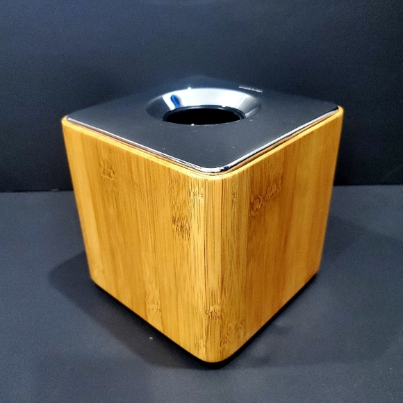 Bamboo Tissue Box Cover Holder Square Chrome MCM look Modernist Design Tabletop - Picture 3 of 8